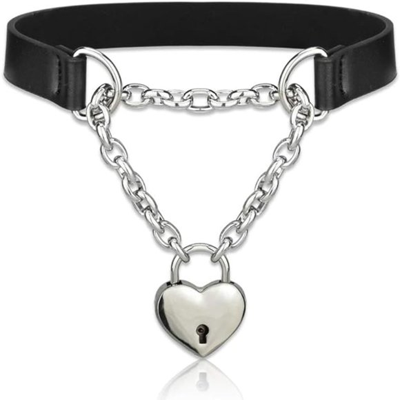 Black Choker and Heart Padlock with Key - Picture 1 of 4